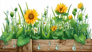 木栏边的向日葵与花草