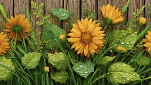 木墙边的带露金黄向日葵