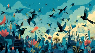 群鸟翱翔于繁茂花草间