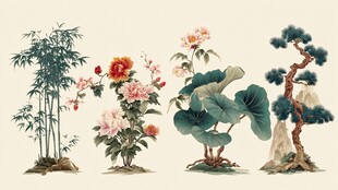 中式花卉植物雅致组合图