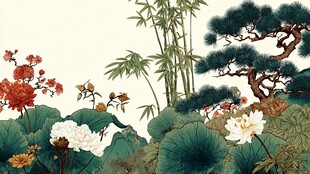 中式花鸟植物雅致图景