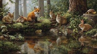 森林中狐狸与兔子的和谐画面