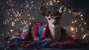 披毛毯的小鹿与梦幻灯光