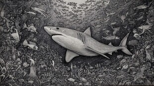 深海中的鲨鱼与多彩鱼群