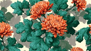 橙色菊花绿叶无缝图案