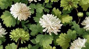 白色菊花绿叶无缝图案