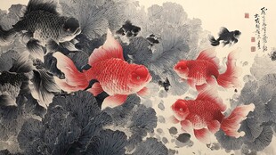 水墨金鱼图 灵动水中游