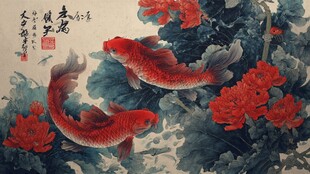 国画锦鲤图 繁花相伴
