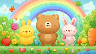 彩虹下的萌趣动物乐园