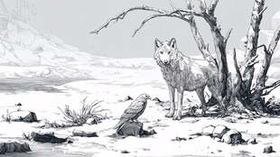 雪地孤狼与鹰的对峙场景