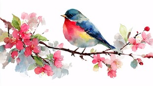 彩鸟栖繁花枝头