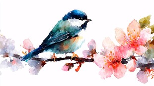 水彩绘小鸟栖于繁花枝头