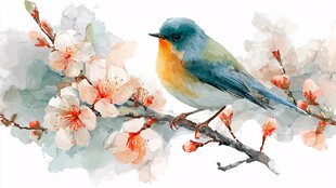 蓝鸟栖于繁花枝头