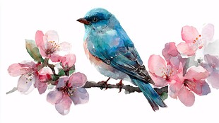 蓝鸟栖于繁花枝头