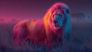 梦幻霓虹色雄狮草原英姿