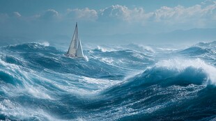 帆船在汹涌波涛中航行