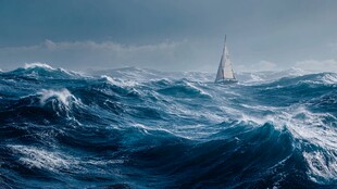 孤帆勇闯汹涌大海