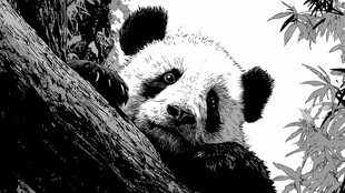 黑白熊猫倚树可爱模样
