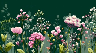 梦幻粉色花卉植物插画