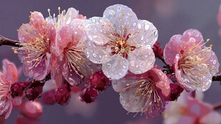 带露绽放的娇艳粉色梅花