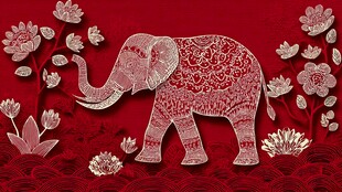 红色背景上的精致大象花卉图案