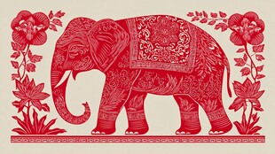 红色雕花大象装饰图案