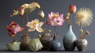 古雅花瓶插放精致仿真荷花