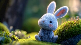 毛绒小兔坐于绿意之中