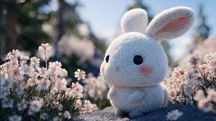 萌趣白兔置身烂漫花丛中