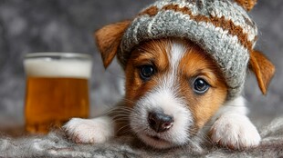 戴帽萌犬与啤酒的温馨一刻