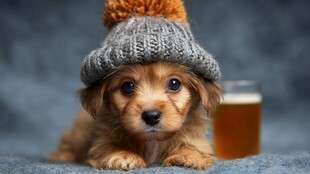 戴帽萌犬与饮品的温馨画面