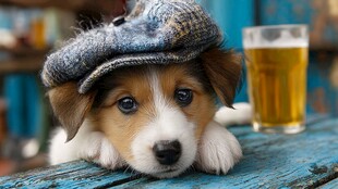 戴帽萌犬趴桌旁