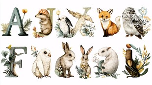 动物与字母的水彩插画集