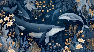 深海梦幻鲸鱼与花卉图景