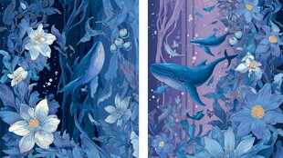 梦幻蓝紫花卉鲸鱼插画世界