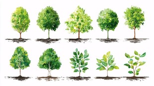 水彩风格多样树木植物集合