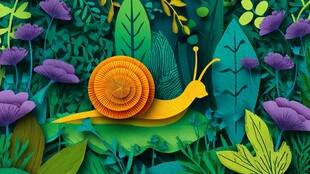 纸艺蜗牛置身缤纷植物间