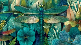 梦幻蓝绿蜻蜓与繁茂植物