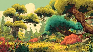 奇幻森林中的多彩树木景观