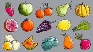多彩手绘水果与蔬菜集合