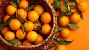 装满橘子的篮子与绿叶