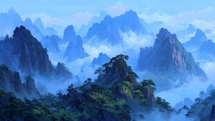 水墨群山间的缥缈云雾