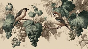 葡萄藤上的双鸟静谧画面