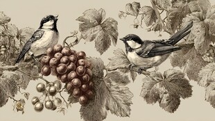 鸟栖葡萄藤 复古风插画