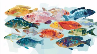多彩群鱼水彩绘