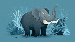 可爱大象于绿植间站立