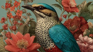 多彩鸟儿于繁花间栖息