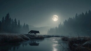 月夜孤狼行于静谧森林