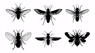 六种形态各异的昆虫剪影