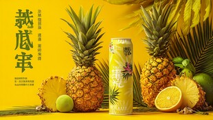 菠萝味饮料与新鲜菠萝展示
